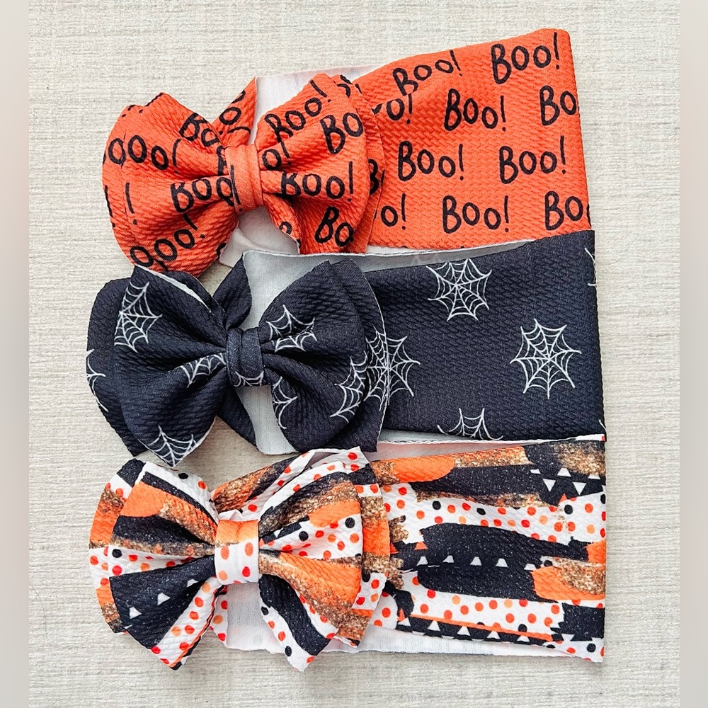 Baby Girl Headband Big Bow Halloween Set of Three with Boo and Spider Web Design